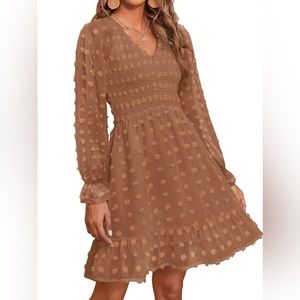BTFBM Long Sleeve V Neck Smocked Flowy Swiss Dot Ruffle Mini Babydoll Dress XL
